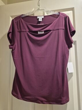 MWT-Carmen Marc Valvo Plum Short Sleeve Drape-Detail Top, Large,